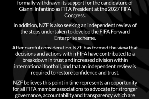 新西兰足协声明:撤回对因凡蒂诺竞选FIFA主席的支持