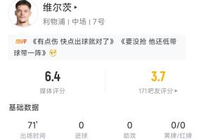 表现平平!维尔茨首发71分钟被换,15次丢球传球成功率70%评分6.4